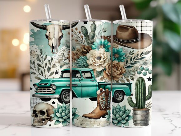 20oz Western Cow Skull Tumbler Wrap PNG