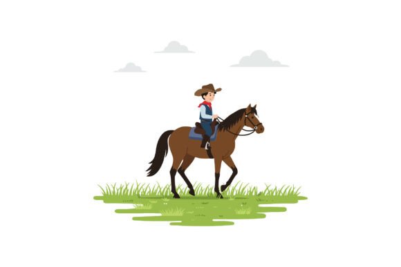 Young Cowboy Riding a Horse in Flat Vect